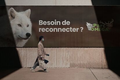 A person walks past a billboard for Parc Omega. The text