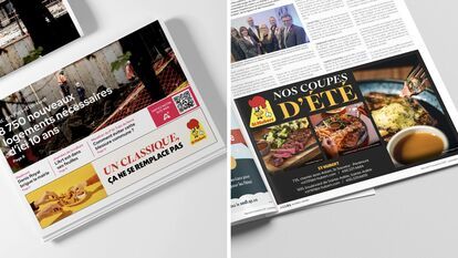 Montage of two newspaper pages showing printed advertisements for St-Hubert. On the left, an ad with the slogan “A classic cannot be replaced” accompanied by a photo of hands sharing pieces of chicken. On the right, an advertisement entitled “Our summer c