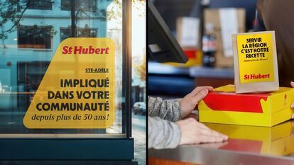 Montage of two images related to St-Hubert. On the left, a yellow sticker on a storefront window reads: “Ste-Adèle — Involved in your community for over 50 years!” On the right, a scene at a restaurant counter where a person receives a yellow and red St-H