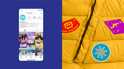 À gauche, un téléphone affiche le profil Instagram de Mont Habitant avec leur logo, le nombre d'abonnés, d'abonnements et de publications, ainsi que des aperçus de leurs publications récentes. À droite, un gros plan montre une partie d'une veste de ski ma