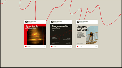 Image showing three stylized publications, inspired by social media interfaces, on a textured beige background, with a wavy red line running across the composition. Each card corresponds to a cultural announcement from the Lakefield Cultural Space – Gore 