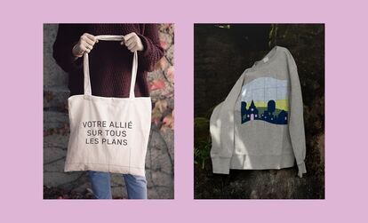 design of a tote-bag and a crewneck sweater with the new branding and newlogo
