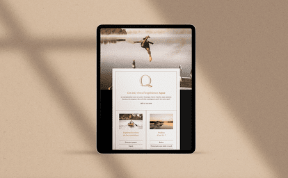 Advertising for the “Aqua” experience at Hôtel Quintessence Tremblant, featuring a person jumping off a dock into a lake, with boat ride and picnic options.