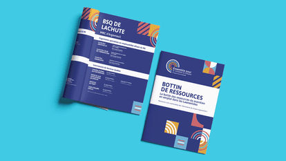 Graphic mockup of a resource directory for job retention in the Laurentians, showing the cover and an inside page of the “Resource Directory – Working Together for Job Retention,” with a modern blue design and geometric elements.