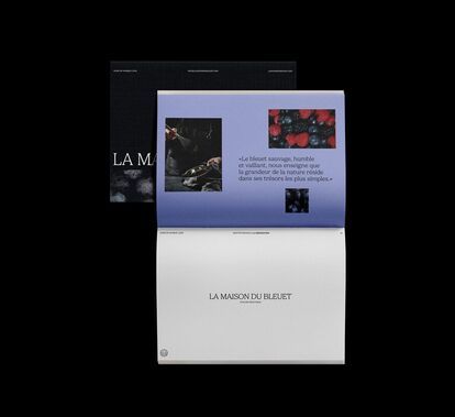 An open brochure of La Maison du Bleuet on a black background, with a light blue top page displaying photos of blueberries and raspberries, a French quote about the simplicity of nature, and a white bottom page with the 