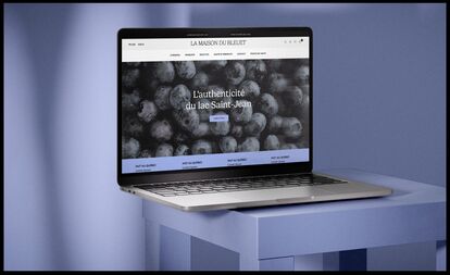 A silver laptop rests on a blue-purple surface. The screen displays the homepage of the 