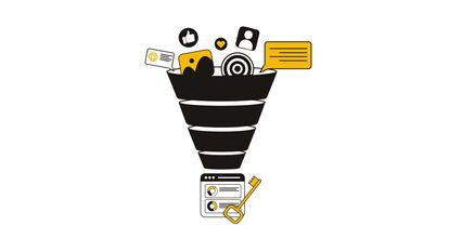 Illustration minimaliste en noir et jaune, entonnoir en plusieurs niveaux représentant le parcours de conversion, éléments de contenu au sommet (image, cible, bulle, icônes sociaux), interface web et clé en bas, symbolique de transformation et performance