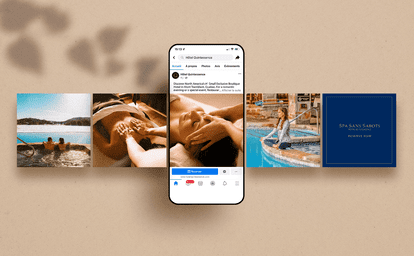 Instagram post from Hôtel Quintessence in Tremblant featuring the Spa Sans Sabots. The publication includes photos of a facial massage, a person in an outdoor thermal bath, a person rowing on a lake and the spa logo. The text invites you to discover North