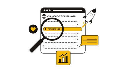 Illustration minimaliste en noir et jaune, écran de site web avec titre « Classement des sites web », loupe centrée sur « Votre site web », fusée en mouvement à droite, bulle de texte, icône cœur, graphique de performance en bas, style flat et épuré.