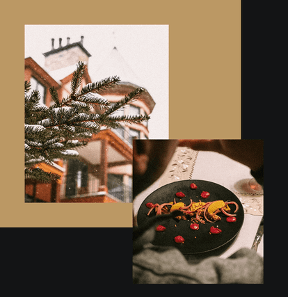 Winter ambience at Hotel Quintessence, Tremblant, with a view of the building from a snow-covered window and a close-up of a colorful gourmet dish.
