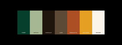 Color palette for Café Mickey's, featuring forest green, matcha, chocolate, coffee, terracotta, mustard, and mousse.