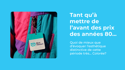 L'image présente deux parties. À gauche, un détail d'une veste de ski rétro colorée (rose, turquoise, violet) avec une étiquette Mont Habitant. À droite, sur fond bleu, le texte 