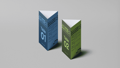 Triangular table easels labeled “Focus on Job Retention” indicating “Table 01” and “Table 02,” with detailed schedule printed on the sides, in a modern blue and green design.