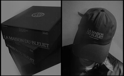 Black and white image divided in two. On the left, a black box with the La Maison du Bleuet logo and the mention 